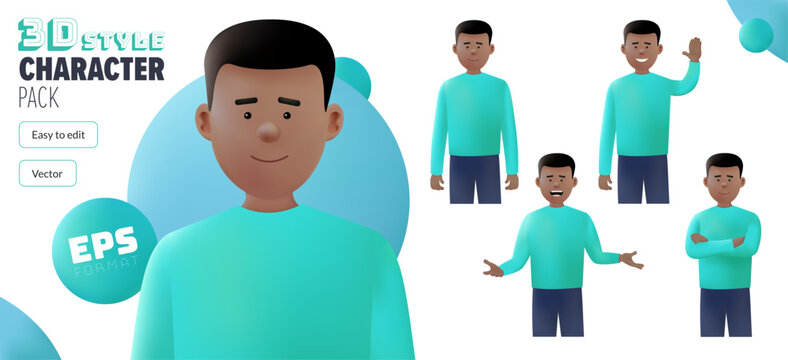 Editable 3D EPS black male vector character in a set of multiple poses. Fully editable and isolated on a white background. Modern trendy style 3D character pack. Created with the mesh tool 3D effect.