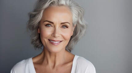 Adult woman with smooth healthy face skin. Beautiful aging mature woman with gray hair and happy smiling touch face. Beauty and cosmetics skincare advertising concept - obrazy, fototapety, plakaty