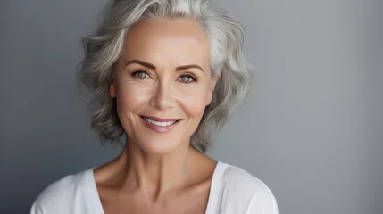 Fotobehang Adult woman with smooth healthy face skin. Beautiful aging mature woman with gray hair and happy smiling touch face. Beauty and cosmetics skincare advertising concept © Oulailux