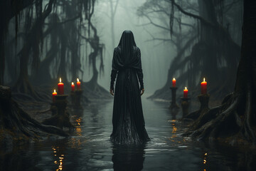 Black witch in the mysterious forest.