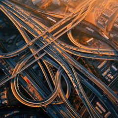 Aerial drone top view photo of highway multilevel junction interchange road