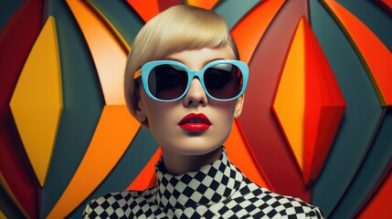 Fashion retro futuristic woman wearing sunglasses. Futuristic pop art fashion girl with geometric pattern background - obrazy, fototapety, plakaty