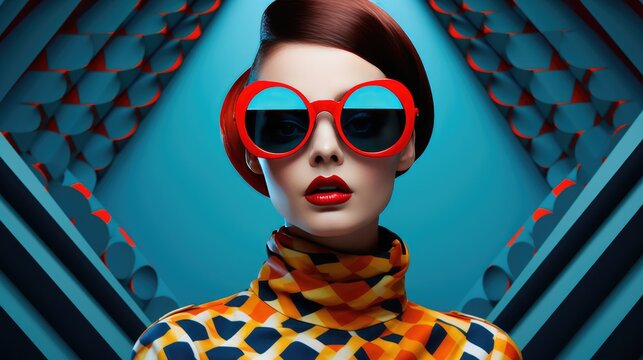 Fashion retro futuristic woman wearing sunglasses. Futuristic pop art fashion girl with geometric pattern background
