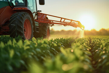 A tractor spraying pesticide fertilizer or water on a soybean farm in the background of a beautiful...