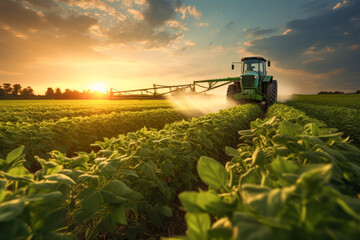 A tractor spraying pesticide fertilizer or water on a soybean farm in the background of a beautiful sky. working concept of production and agriculture. - obrazy, fototapety, plakaty