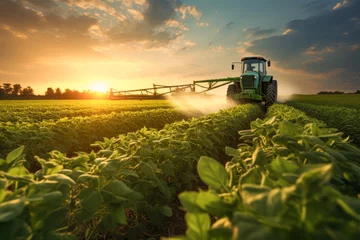 Foto op Plexiglas A tractor spraying pesticide fertilizer or water on a soybean farm in the background of a beautiful sky. working concept of production and agriculture. © cwa