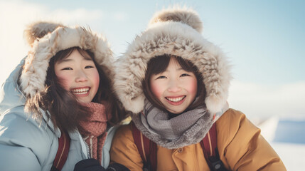 Fototapeta na wymiar 冬の北海道で楽しそうに笑う日本人の子どもたち