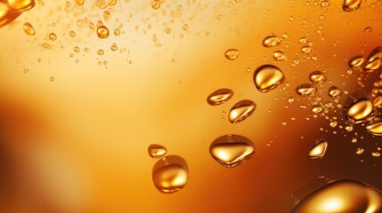 Oil bubbles and drops splash, gold background of droplets merge. AI generative oil drops of gold liquid droplets of serum merging or dissolving in fluid - obrazy, fototapety, plakaty