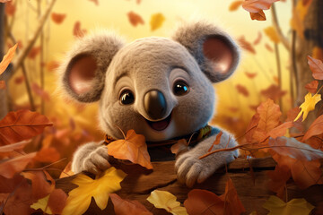 cute koala animal in autumn - obrazy, fototapety, plakaty