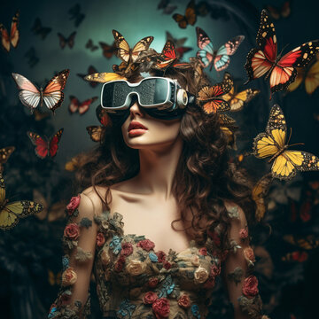 Technology meets nature with a woman wearing 3D glasses, a flock of wild butterflies Colorful Victorian Steampunk art mixed with colorful