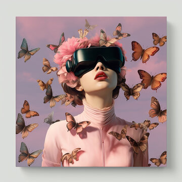 Technology meets nature with a woman wearing 3D glasses, a flock of wild butterflies Colorful Victorian Steampunk art mixed with colorful