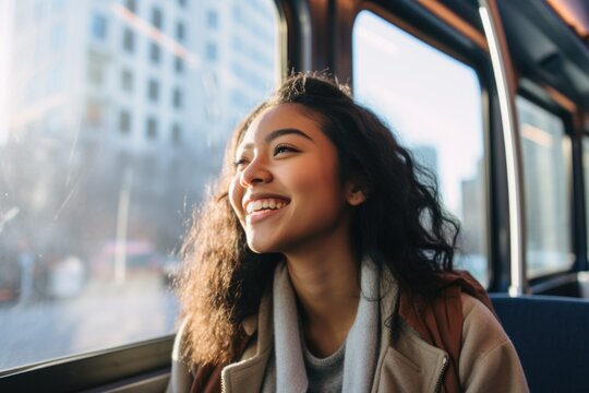 Young Happy Woman Looking Out The Window While Riding On The Bus