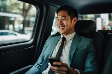 Naklejka na ściany i meble Young businessman engaged with smartphone inside of a car
