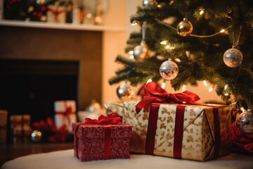 Fototapeta na wymiar Presents Nestled Beneath a Festive Christmas Tree