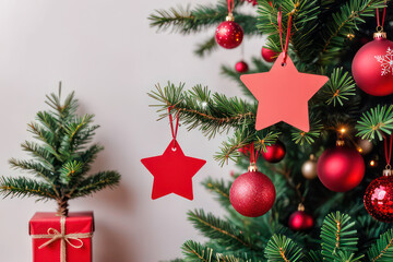 Fototapeta na wymiar Star shaped tags tied to christmas tree, close up shot, festival season, holidays, tag card mockup