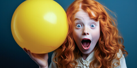 Playful red-haired girl making a goofy face with a yellow balloon. - obrazy, fototapety, plakaty