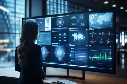 IT Engineer is in Working Data Center, Explaining Things, People and artificial intelligence in action. AI analyzes data and makes decisions.