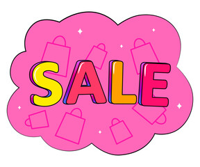 Retro colorful text Sale with shopping bags on a pink background. Vector illustration.	