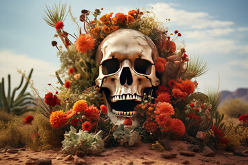 Skull with flowers in desert, Day of the Dead, Dia de los Muertos, Mexican Halloween, AI generative.