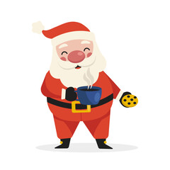 Cartoon Santa Claus drinks a hot drink and eats chocolate chip cookie. Merry Christmas. Vector graphic.