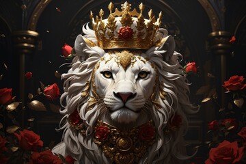 white lion face and king crown, created by ai generated