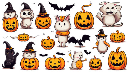 hand draw, 2d, Happy Halloween set of elements, ghost, pumpkin, bat and cat. Vector is cute illustration in hand drawn style isolated on white background. Decorative elements for website, book, postca