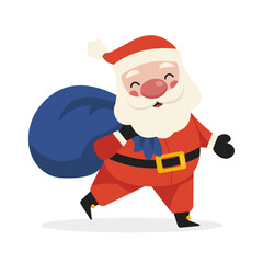 Cartoon Santa Claus walks with a bag of gifts. Merry Christmas. Vector graphic.