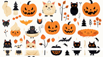 Fototapeta premium hand draw, 2d, Happy Halloween set of elements, ghost, pumpkin, bat and cat. Vector is cute illustration in hand drawn style isolated on white background. Decorative elements for website, book, postca