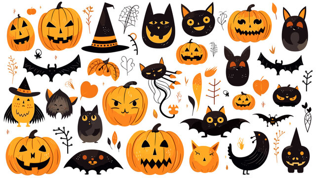 hand draw, 2d, Happy Halloween set of elements, ghost, pumpkin, bat and cat. Vector is cute illustration in hand drawn style isolated on white background. Decorative elements for website, book, postca