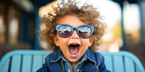Expressive little boy with glasses winking and sticking out tongue on a blue bench. - obrazy, fototapety, plakaty