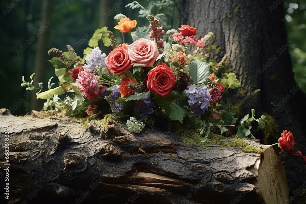 Wall mural Floral arrangement resting on tree trunk. Generative AI