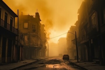 Desolate urban scene with dark streets, abandoned houses, yellow fog, smoke, and fire. Abstract futuristic background. Generative AI