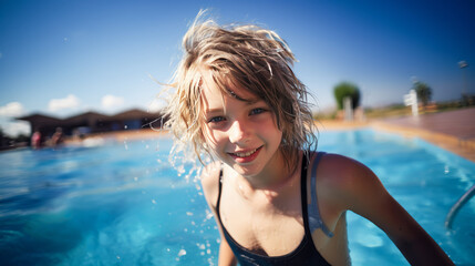 Girl getting out of the pool in summer