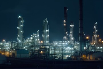 Fototapeta na wymiar Nighttime industrial view of an oil and gas refinery. Detailed steel equipment and oil pipeline in the background. Generative AI