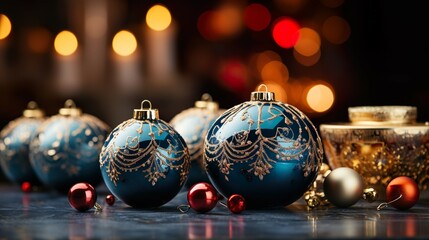 A christmas decorations setup on a wooden table a dark background and bokeh light effects