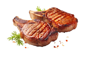 Grill Pork Chops steaks, realistic 3d brisket flying in the air, white background PNG