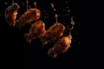 Fried Chicken with Sauce on Solid Black Background