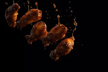 Fotobehang Fried Chicken with Sauce on Solid Black Background © Eman Suardi