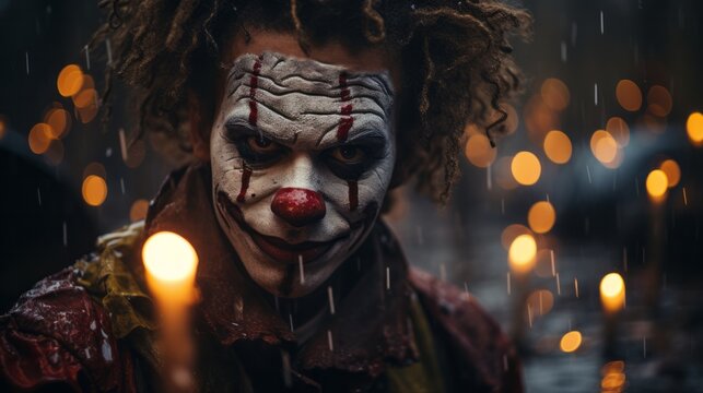 Photo of a sinister clown with an unnerving expression created with Generative AI technology