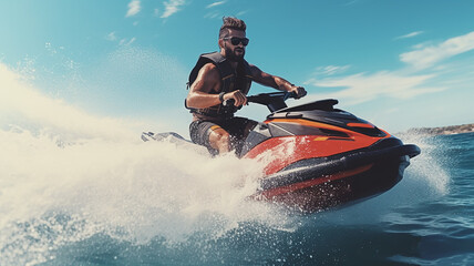 Fototapeta na wymiar Man riding a jet ski on a sunny summer day in the open sea and drive through the waves quickly Wear a life jacket for safety. holiday happiness beautiful sea scenery. Generative AI