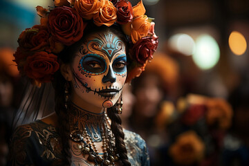 woman celebrates Halloween with a group of candles and bright lights, A Vibrant and Artistic Illustration of a Festive Mexican Skull – Embrace the Culture and Traditions of the Day of the Dead with th