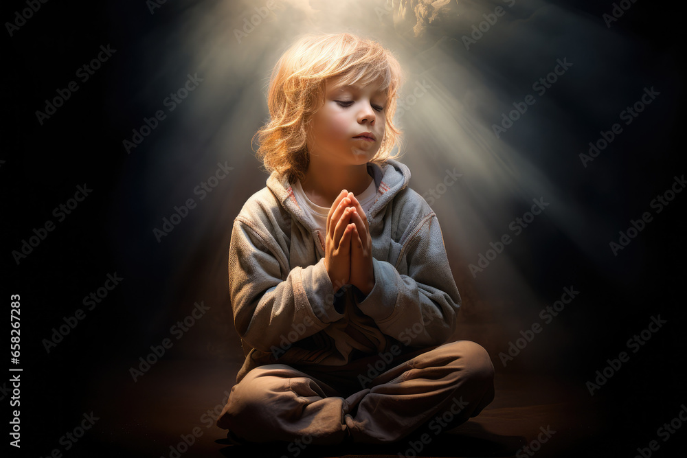 Wall mural Child kneeling in prayer to god