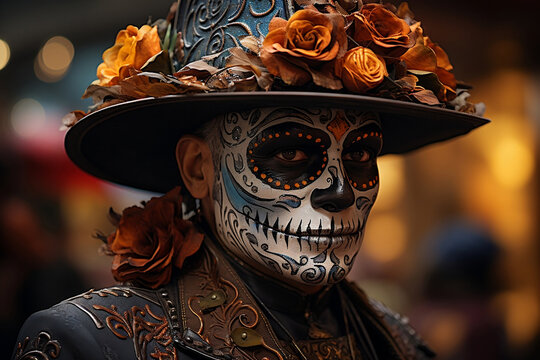 woman celebrates Halloween with a group of candles and bright lights, A Vibrant and Artistic Illustration of a Festive Mexican Skull – Embrace the Culture and Traditions of the Day of the Dead with th