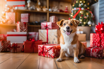 Cute and adorable young baby dog, puppy with christmas gifts - obrazy, fototapety, plakaty