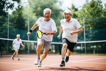 Elderly male friends having an active time on the outdoor tennis court - obrazy, fototapety, plakaty