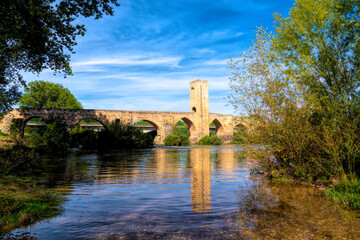 Fototapeta na wymiar River Ebro and Frias medieval bridge Burgos province Castile and Leon beautiful Spanish construction