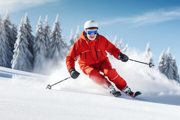 Fototapeta na wymiar An elderly man in a red ski suit skis on a snowy slope