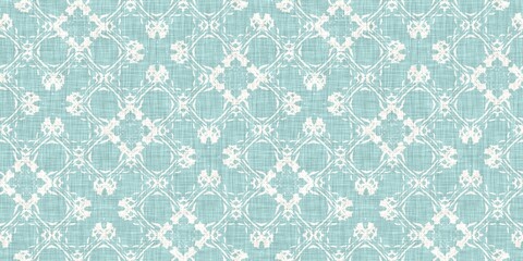 Aqua teal blue white vibrant watercolor batik azulejos tile border banner background. Seamless coastal blur linen effect geometric mosaic effect.Boho Patchwork nautical masculine summer ribbon trim. 