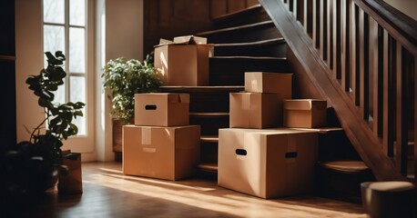 Cardboard boxes and furniture near stairs in home. Newly moved house, Moving day concept
