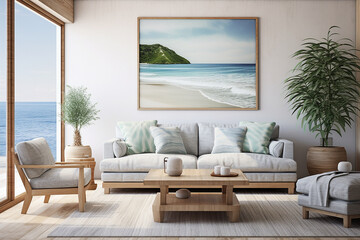 Home interior design, modern living room, view on the sea